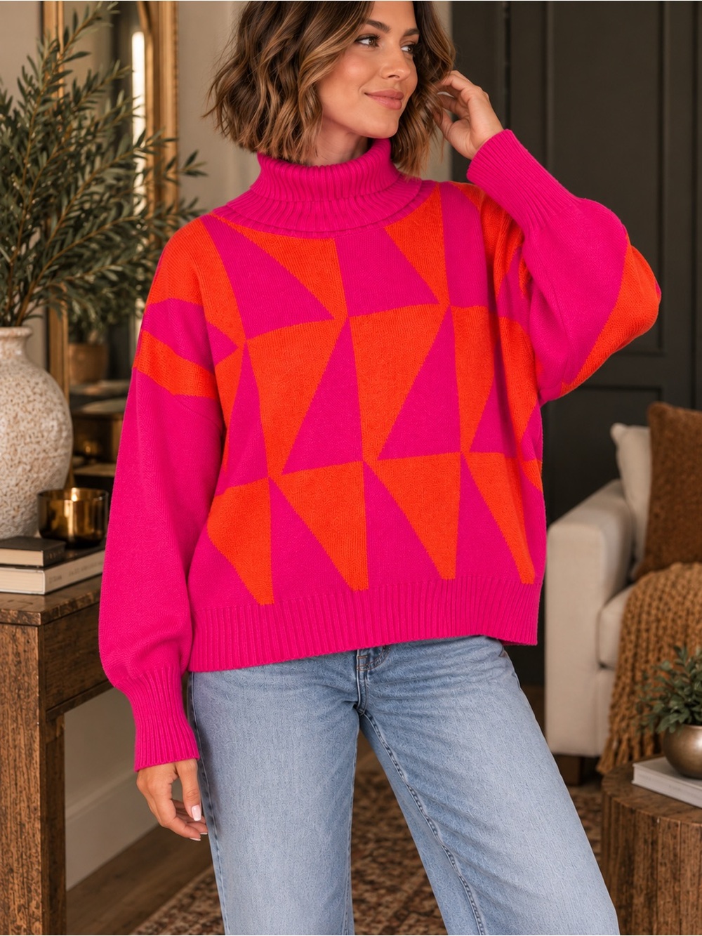 Dèluc Geometric Turtleneck Sweater Women’s Small Pink Orange Colorblock #937